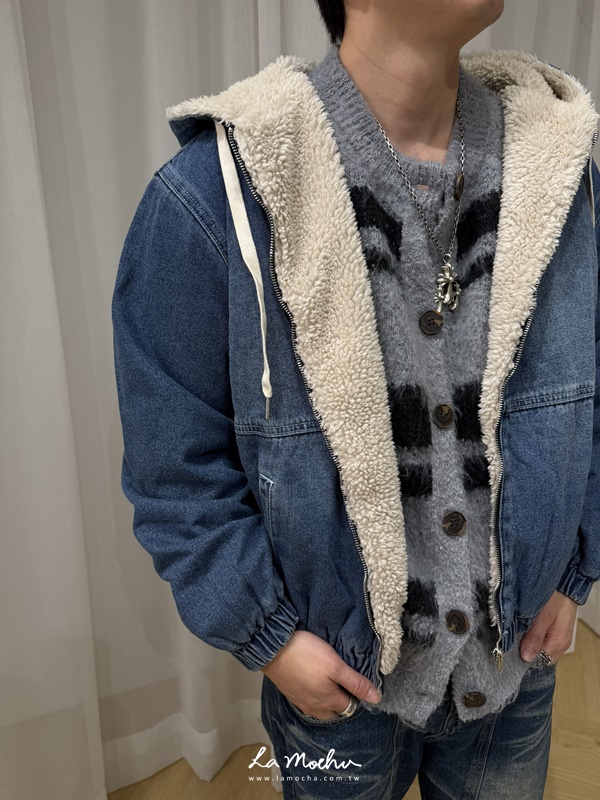 水洗牛仔羊毛連帽外套
